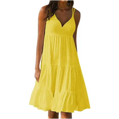 Women Casual Summer Vacation Solid Color V Neck Spaghetti Strap Loose Midi Dress