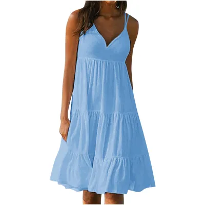 Women Casual Summer Vacation Solid Color V Neck Spaghetti Strap Loose Midi Dress