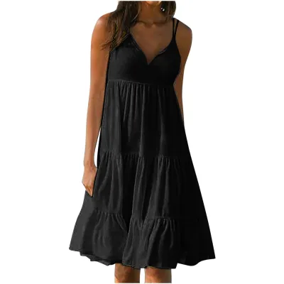 Women Casual Summer Vacation Solid Color V Neck Spaghetti Strap Loose Midi Dress