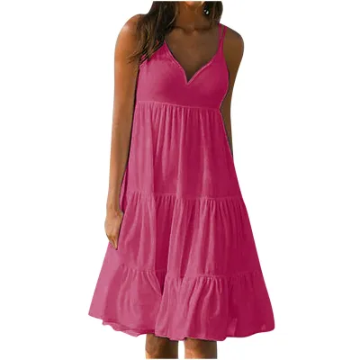 Women Casual Summer Vacation Solid Color V Neck Spaghetti Strap Loose Midi Dress