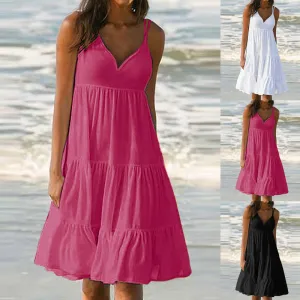 Women Casual Summer Vacation Solid Color V Neck Spaghetti Strap Loose Midi Dress
