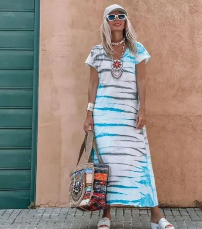 Women Summer Casual Stripe Print Short Sleeve V Neck Maxi Dress
