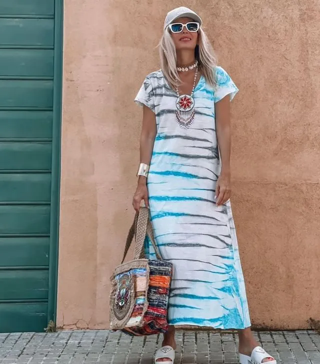 Women Summer Casual Stripe Print Short Sleeve V Neck Maxi Dress
