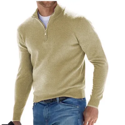 Men's Fashion Stand Collar Zipper Solid Color Plus Size Loose Long Sleeve Knitted Sweater
