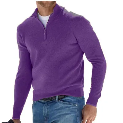Men's Fashion Stand Collar Zipper Solid Color Plus Size Loose Long Sleeve Knitted Sweater