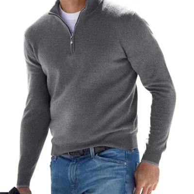 Men's Fashion Stand Collar Zipper Solid Color Plus Size Loose Long Sleeve Knitted Sweater