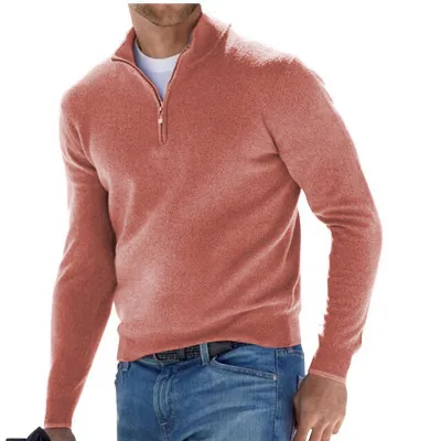 Men's Fashion Stand Collar Zipper Solid Color Plus Size Loose Long Sleeve Knitted Sweater