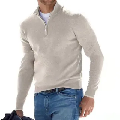 Men's Fashion Stand Collar Zipper Solid Color Plus Size Loose Long Sleeve Knitted Sweater