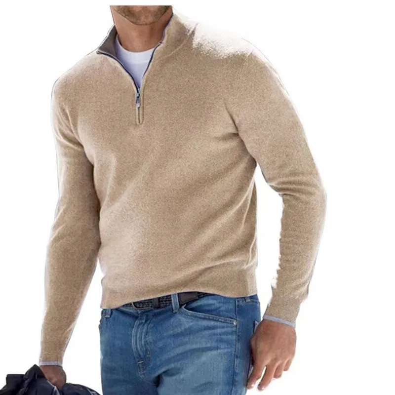 Men's Fashion Stand Collar Zipper Solid Color Plus Size Loose Long Sleeve Knitted Sweater