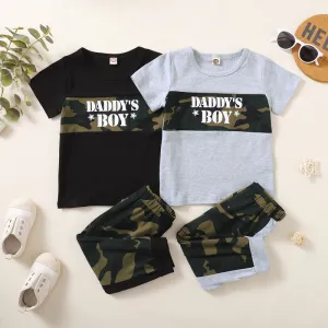 Toddlers Newborn Baby Fashion Boys Daddys Boy Print Stitching Camouflage Short Sleeve Top And Pants 2pcs Set