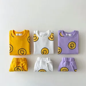 Toddlers Newborn Baby Fashion Boys Girls Casual Basic Short Sleeve Smiling Face Print Top And Shorts 2pcs Set Unisex Cotton Summer