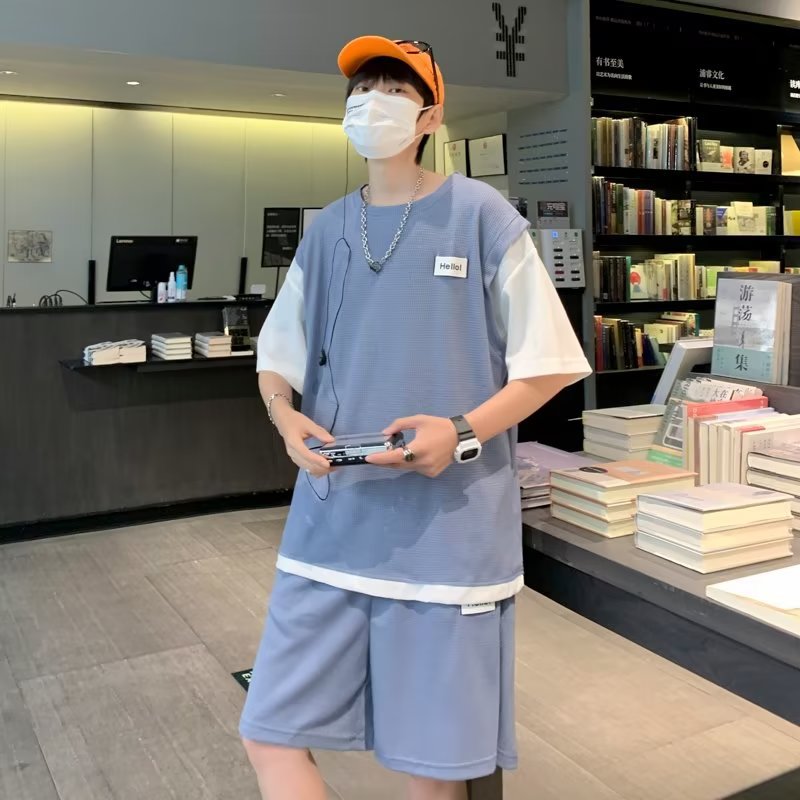 Wholesale Men Casual Color Matching Round Neck Short-Sleeved