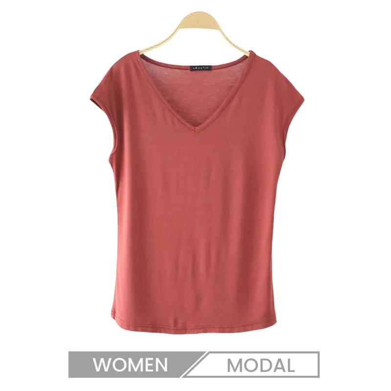 Women Basic V Neck Solid Modal T-Shirt Loose Fit Casual
