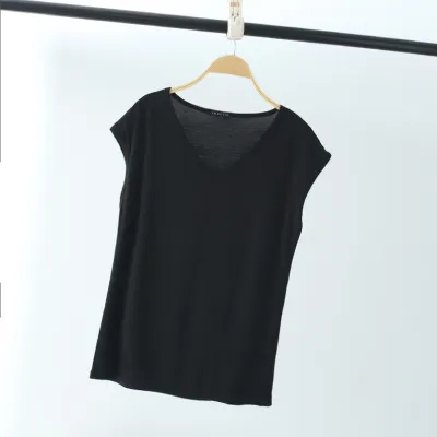 Women Basic V Neck Solid Modal T-Shirt Loose Fit Casual