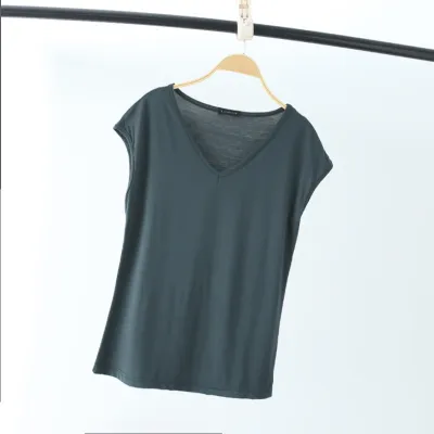 Women Basic V Neck Solid Modal T-Shirt Loose Fit Casual