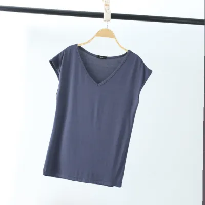 Women Basic V Neck Solid Modal T-Shirt Loose Fit Casual