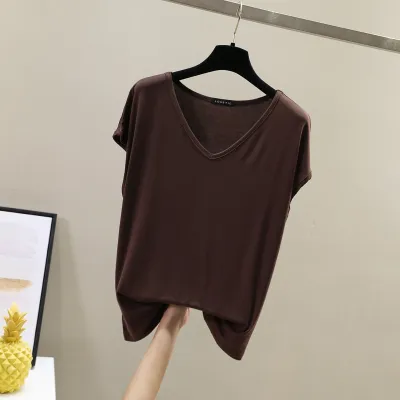 Women Basic V Neck Solid Modal T-Shirt Loose Fit Casual