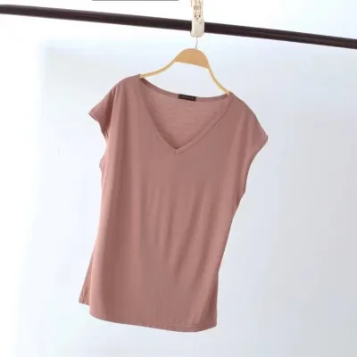 Women Basic V Neck Solid Modal T-Shirt Loose Fit Casual
