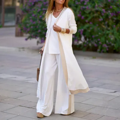 Women Solid Color Sleeveless Tanks And Casual Long-Sleeved Cardigan Jacket Pants Three-Piece Set