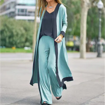 Women Solid Color Sleeveless Tanks And Casual Long-Sleeved Cardigan Jacket Pants Three-Piece Set