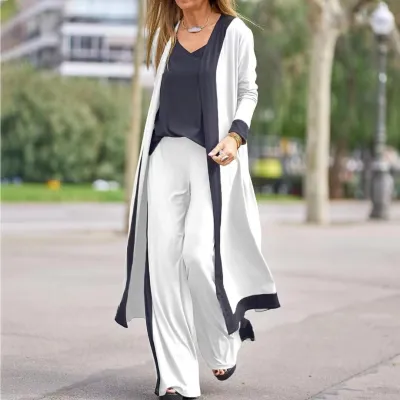 Women Solid Color Sleeveless Tanks And Casual Long-Sleeved Cardigan Jacket Pants Three-Piece Set