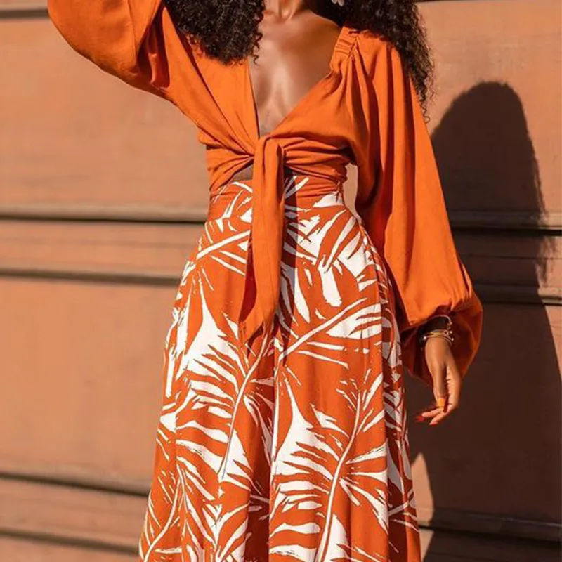 Autumn Women Temperament Long Sleeve V-Neck Top And Printed Pants Two-Piece Set