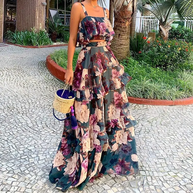 Women's Elegant Floral Print Camisole Top and Long Skirt Set