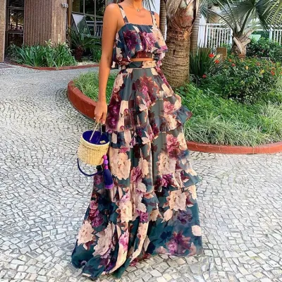Women's Elegant Floral Print Camisole Top and Long Skirt Set