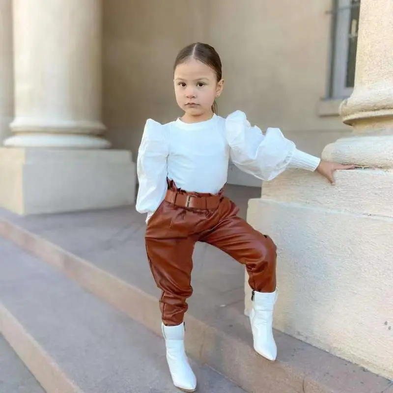 Children Kids Baby Fashion Girls Long Sleeve Solid Color Top PU Leather Pants 2Pcs Set
