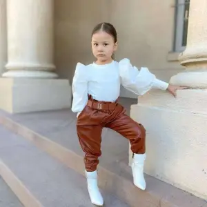Children Kids Baby Fashion Girls Long Sleeve Solid Color Top PU Leather Pants 2Pcs Set
