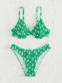 Women Summer Vacation Floral Print Elastic Bikini Swimwear