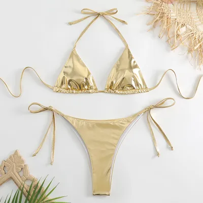 Women Fashion Sexy Solid Color Halter Neck Bikini Swimwear