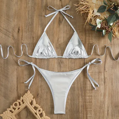 Women Fashion Sexy Solid Color Halter Neck Bikini Swimwear