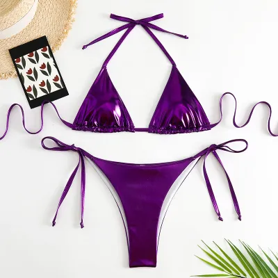 Women Fashion Sexy Solid Color Halter Neck Bikini Swimwear
