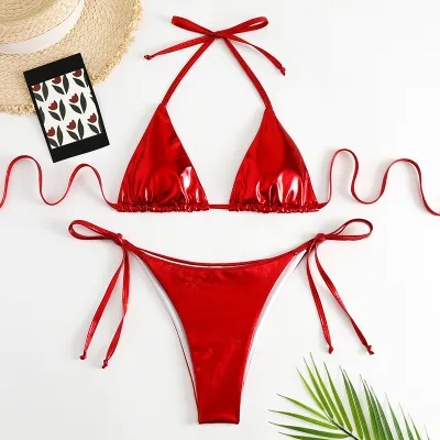 Women Fashion Sexy Solid Color Halter Neck Bikini Swimwear