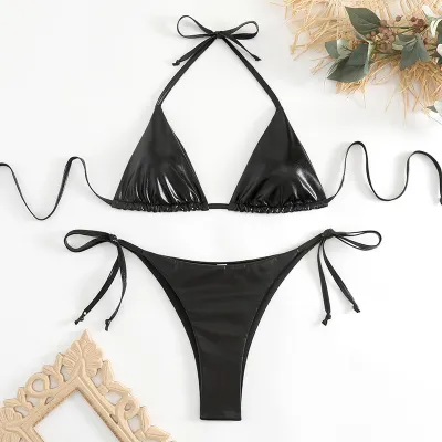 Women Fashion Sexy Solid Color Halter Neck Bikini Swimwear
