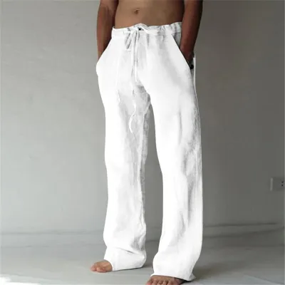 Men Casual Solid Color Drawstring Loose Linen Trousers High Waist Straight