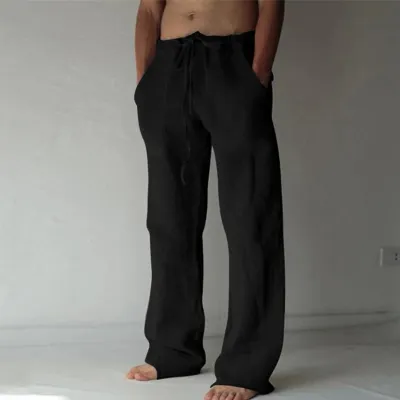 Men Casual Solid Color Drawstring Loose Linen Trousers High Waist Straight