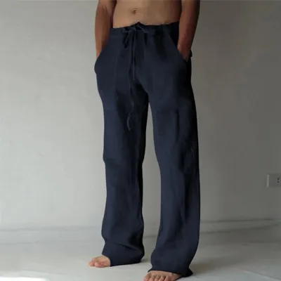 Men Casual Solid Color Drawstring Loose Linen Trousers High Waist Straight