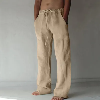 Men Casual Solid Color Drawstring Loose Linen Trousers High Waist Straight