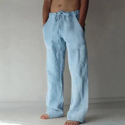 Men Casual Solid Color Drawstring Loose Linen Trousers