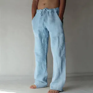 Men Casual Solid Color Drawstring Loose Linen Trousers High Waist Straight
