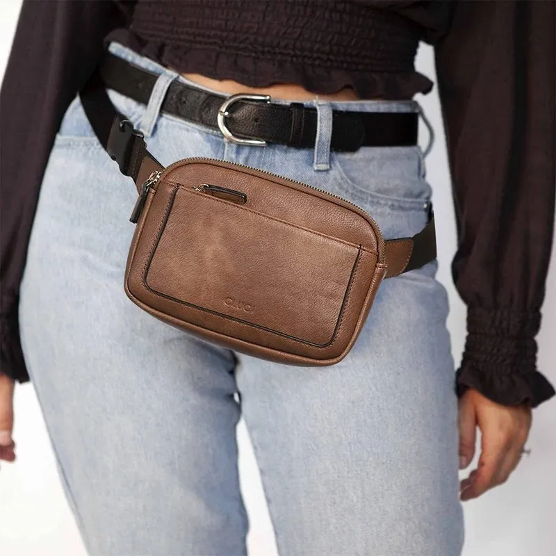 Women Fashion Casual PU Solid Color Wide Strap Zipper Waist Bag