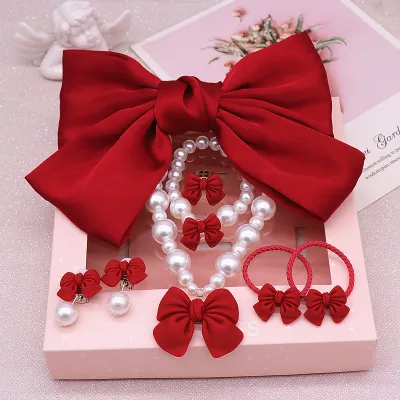 Toddler Girls Bowknot Pearl Bead Necklace Bracelet Earrings Set for Kids Toys