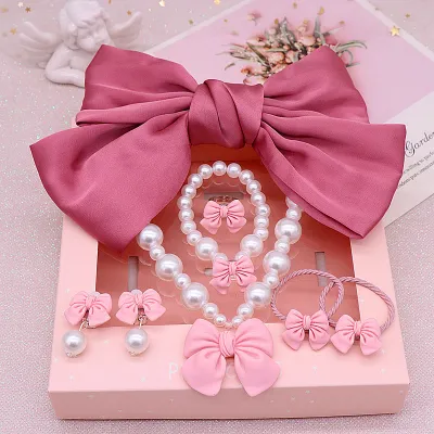 Toddler Girls Bowknot Pearl Bead Necklace Bracelet Earrings Set for Kids Toys