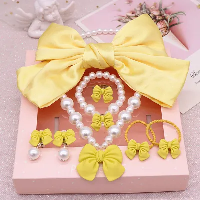 Toddler Girls Bowknot Pearl Bead Necklace Bracelet Earrings Set for Kids Toys