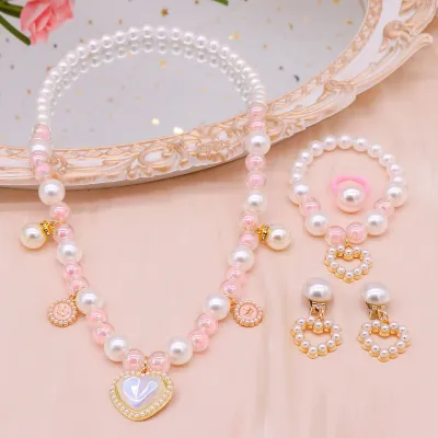 Children Kids Baby Fashion Girls Heart Pearl Bead Necklace Bracelet Earrings Set