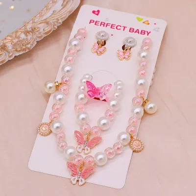 Children Kids Baby Fashion Girls Heart Pearl Bead Necklace Bracelet Earrings Set