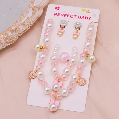 Children Kids Baby Fashion Girls Heart Pearl Bead Necklace Bracelet Earrings Set
