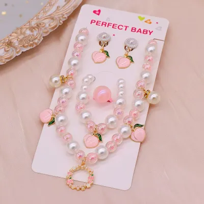 Children Kids Baby Fashion Girls Heart Pearl Bead Necklace Bracelet Earrings Set